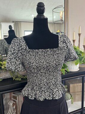 Beyond the Radar Black & Cream Ditsy Print Smocked Top with Criss-cross Back - S